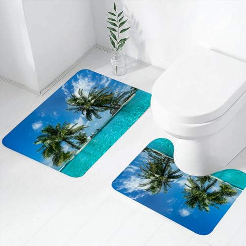 FEHWI Badematten Set 2-teilig, Badematten und WC Vorleger rutschfest & Waschbar,Palmengesäumter Swimmingpool in der Sonne, EIN ruhiges Strandresort, Kristall,Luxus Dicke Mikrofaser Badezimmerteppich von FEHWI