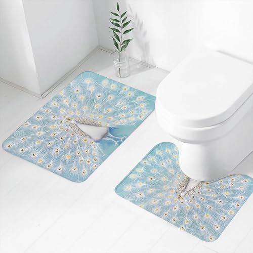 FEHWI Badematten Set 2-teilig, Badematten und WC Vorleger rutschfest & Waschbar,Pfauen-Set, aktives Pfauenmuster an der Wand, Natur, bunt, stilvoll, verziert,Luxus Dicke Mikrofaser Badezimmerteppich von FEHWI