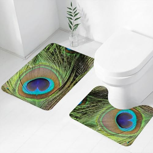 FEHWI Badematten Set 2-teilig, Badematten und WC Vorleger rutschfest & Waschbar,Pfauenfedern, Seine blauen, grünen und braunen Federn, Zeigen ihre komplizier,Luxus Dicke Mikrofaser Badezimmerteppich von FEHWI