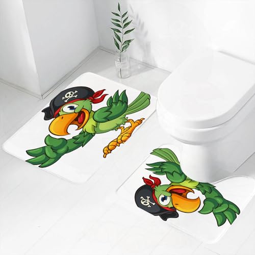 FEHWI Badematten Set 2-teilig, Badematten und WC Vorleger rutschfest & Waschbar,Pirat, Cartoon-Papagei mit Stirnband für Piratenhut,Luxus Dicke Mikrofaser Badezimmerteppich von FEHWI