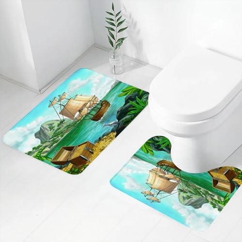 FEHWI Badematten Set 2-teilig, Badematten und WC Vorleger rutschfest & Waschbar,Pirat, exotische Meeresküste mit Truhe voller Gold Altes Schiff Tropic Nature,Luxus Dicke Mikrofaser Badezimmerteppich FEHWI Badematten Set 2-teilig, Badematten und WC Vorleger rutschfest & Waschbar,Pirat, exotische Meeresküste mit Truhe voller Gold Altes Schiff Tropic Nature,Luxus Dicke Mikrofaser Badezimmerteppich von FEHWI