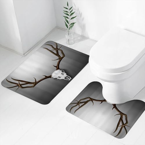 FEHWI Badematten Set 2-teilig, Badematten und WC Vorleger rutschfest & Waschbar,Realistischer Hirschschädel und Geweih hängen an der Wand,Luxus Dicke Mikrofaser Badezimmerteppich FEHWI Badematten Set 2-teilig, Badematten und WC Vorleger rutschfest & Waschbar,Realistischer Hirschschädel und Geweih hängen an der Wand,Luxus Dicke Mikrofaser Badezimmerteppich von FEHWI