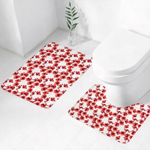 FEHWI Badematten Set 2-teilig, Badematten und WC Vorleger rutschfest & Waschbar,Reihe von Aquarell roten Mohnblumen repetitives Design auf weißem Hintergrund,Luxus Dicke Mikrofaser Badezimmerteppich von FEHWI