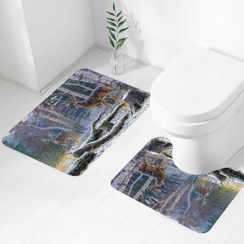 FEHWI Badematten Set 2-teilig, Badematten und WC Vorleger rutschfest & Waschbar,Rentierwald Schnee Birkenstumpf,Luxus Dicke Mikrofaser Badezimmerteppich FEHWI Badematten Set 2-teilig, Badematten und WC Vorleger rutschfest & Waschbar,Rentierwald Schnee Birkenstumpf,Luxus Dicke Mikrofaser Badezimmerteppich von FEHWI