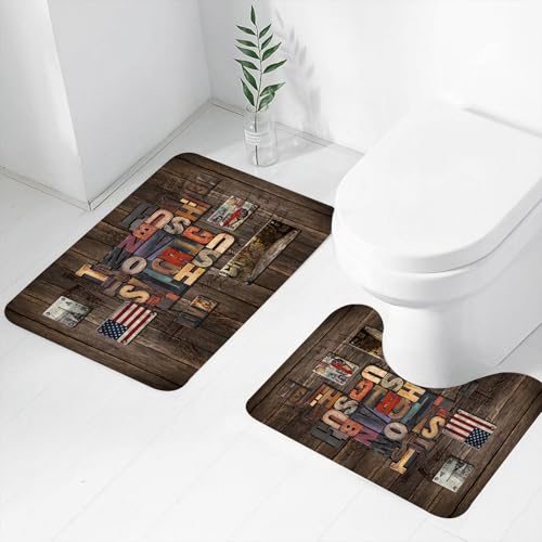 FEHWI Badematten Set 2-teilig, Badematten und WC Vorleger rutschfest & Waschbar,Retro Amerikanischen holzschnitzerei Englisch Buchstaben Hintergrund Wand,Luxus Dicke Mikrofaser Badezimmerteppich von FEHWI