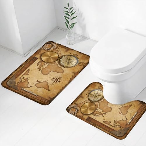 FEHWI Badematten Set 2-teilig, Badematten und WC Vorleger rutschfest & Waschbar,Retro-Schatzkarte mit Seil und altem Messingkompass, Kompass und Werkzeug,Luxus Dicke Mikrofaser Badezimmerteppich FEHWI Badematten Set 2-teilig, Badematten und WC Vorleger rutschfest & Waschbar,Retro-Schatzkarte mit Seil und altem Messingkompass, Kompass und Werkzeug,Luxus Dicke Mikrofaser Badezimmerteppich von FEHWI