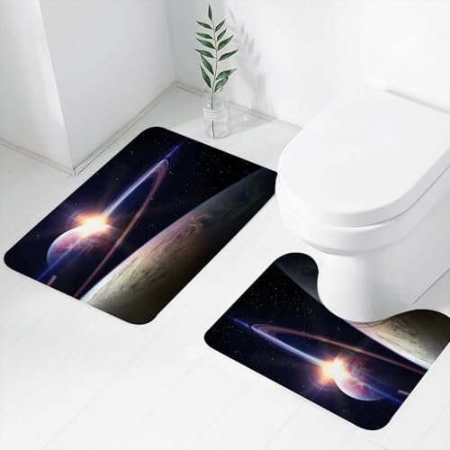 FEHWI Badematten Set 2-teilig, Badematten und WC Vorleger rutschfest & Waschbar,Ringplanet und Erde, beleuchtet von einem fernen Stern im Weltraum,Luxus Dicke Mikrofaser Badezimmerteppich von FEHWI