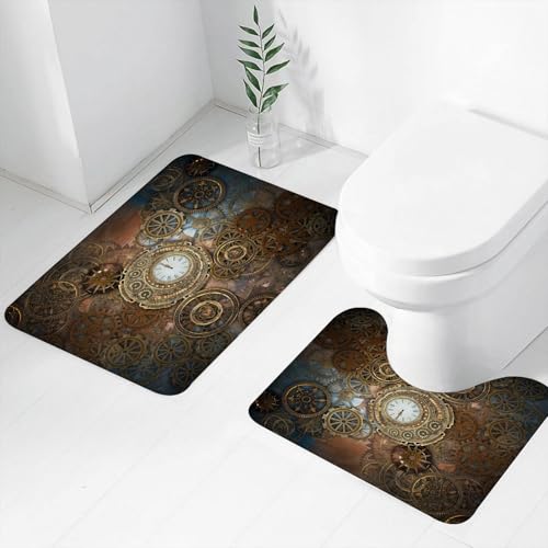 FEHWI Badematten Set 2-teilig, Badematten und WC Vorleger rutschfest & Waschbar,Rostiger Steampunk-Hintergrund mit Uhr und verschiedenen Zahnrädern - 3D-Illu,Luxus Dicke Mikrofaser Badezimmerteppich FEHWI Badematten Set 2-teilig, Badematten und WC Vorleger rutschfest & Waschbar,Rostiger Steampunk-Hintergrund mit Uhr und verschiedenen Zahnrädern - 3D-Illu,Luxus Dicke Mikrofaser Badezimmerteppich von FEHWI