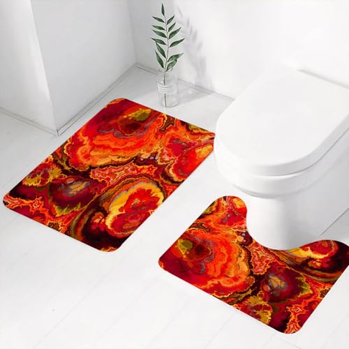 FEHWI Badematten Set 2-teilig, Badematten und WC Vorleger rutschfest & Waschbar,Rot Batik-Abstrakte Bunte Lebendige Fraktale Kraft Vintage Aquarell Muster Ma,Luxus Dicke Mikrofaser Badezimmerteppich von FEHWI