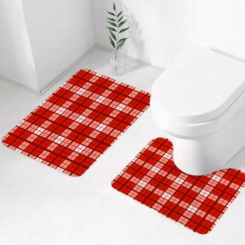 FEHWI Badematten Set 2-teilig, Badematten und WC Vorleger rutschfest & Waschbar,Rot - Thema geometrisches Musterdesign, Rot- und Rosatöne, Modedesign und DEK,Luxus Dicke Mikrofaser Badezimmerteppich von FEHWI