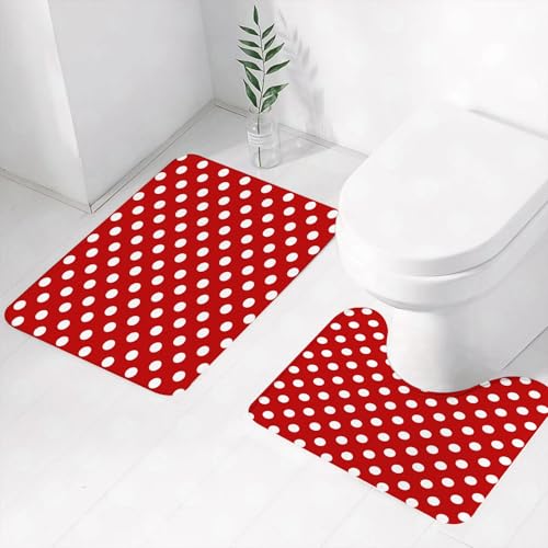 FEHWI Badematten Set 2-teilig, Badematten und WC Vorleger rutschfest & Waschbar,Rot-weißes Punktmuster, Design aus einheitlichen weißen Punkten auf rotem Hin,Luxus Dicke Mikrofaser Badezimmerteppich von FEHWI