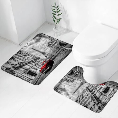 FEHWI Badematten Set 2-teilig, Badematten und WC Vorleger rutschfest & Waschbar,Rotes Oldtimer auf der Straße von Paris, rotes Auto und ikonischer Eiffelturm,Luxus Dicke Mikrofaser Badezimmerteppich von FEHWI