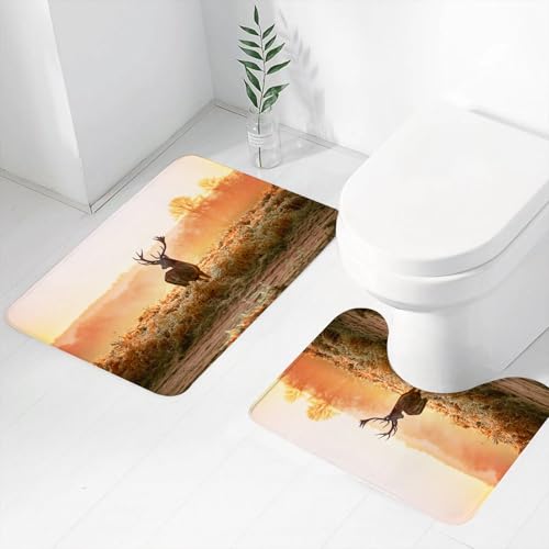 FEHWI Badematten Set 2-teilig, Badematten und WC Vorleger rutschfest & Waschbar,Rothirsch in der Morgensonne Natur Wilde Landschaft Ländlichen Feld Heathers,Luxus Dicke Mikrofaser Badezimmerteppich FEHWI Badematten Set 2-teilig, Badematten und WC Vorleger rutschfest & Waschbar,Rothirsch in der Morgensonne Natur Wilde Landschaft Ländlichen Feld Heathers,Luxus Dicke Mikrofaser Badezimmerteppich von FEHWI