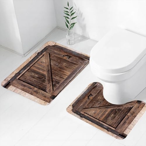 FEHWI Badematten Set 2-teilig, Badematten und WC Vorleger rutschfest & Waschbar,Rustikale Schiebetür, gealtert mit rustikaler Textur Authentischer Architektu,Luxus Dicke Mikrofaser Badezimmerteppich von FEHWI