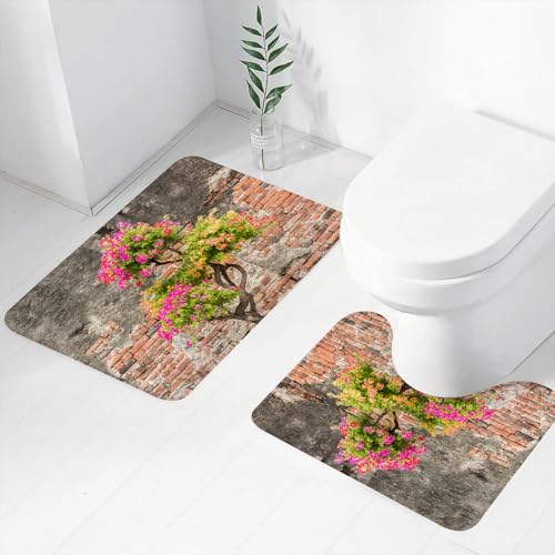 FEHWI Badematten Set 2-teilig, Badematten und WC Vorleger rutschfest & Waschbar,Rustikaler, Kleiner frischer Baum mit Fuchsienblüten vor dem Motiv der Hoffnu,Luxus Dicke Mikrofaser Badezimmerteppich von FEHWI