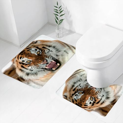 FEHWI Badematten Set 2-teilig, Badematten und WC Vorleger rutschfest & Waschbar,Safari-Dekor, der sibirische Tiger, Brüllen, Zähne, goldene Augen, Streifen,Luxus Dicke Mikrofaser Badezimmerteppich von FEHWI