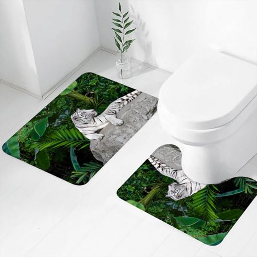 FEHWI Badematten Set 2-teilig, Badematten und WC Vorleger rutschfest & Waschbar,Safari-Set, weißer Tiger auf Stein, Tropische Pflanzen, Blätter J,Luxus Dicke Mikrofaser Badezimmerteppich FEHWI Badematten Set 2-teilig, Badematten und WC Vorleger rutschfest & Waschbar,Safari-Set, weißer Tiger auf Stein, Tropische Pflanzen, Blätter J,Luxus Dicke Mikrofaser Badezimmerteppich von FEHWI