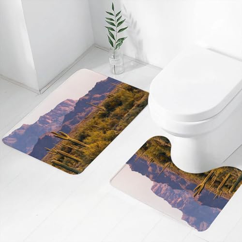 FEHWI Badematten Set 2-teilig, Badematten und WC Vorleger rutschfest & Waschbar,Saguaro-Kaktus-Set, Ariozona-Wüstenlandschaft mit Kakteen und Bergen im Frühl,Luxus Dicke Mikrofaser Badezimmerteppich von FEHWI