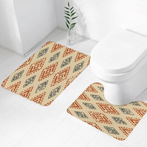 FEHWI Badematten Set 2-teilig, Badematten und WC Vorleger rutschfest & Waschbar,Sambia, ethnisches und Stammes-Folk-Design mit aztekischen Effekten1,Luxus Dicke Mikrofaser Badezimmerteppich von FEHWI