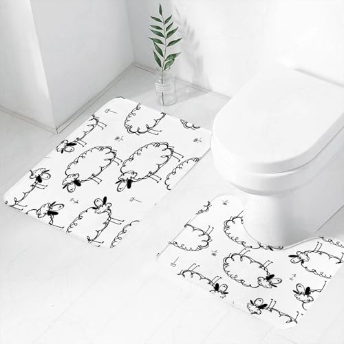 FEHWI Badematten Set 2-teilig, Badematten und WC Vorleger rutschfest & Waschbar,Schafkunst, Cartoon-Schwarz-Weiß-repetitives Design auf weißem Hintergrund,Luxus Dicke Mikrofaser Badezimmerteppich von FEHWI