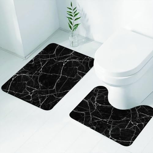 FEHWI Badematten Set 2-teilig, Badematten und WC Vorleger rutschfest & Waschbar,Schwarz und weiß rissige Marmor Steinmauer Textur nahtlosen Hintergrund,Luxus Dicke Mikrofaser Badezimmerteppich von FEHWI