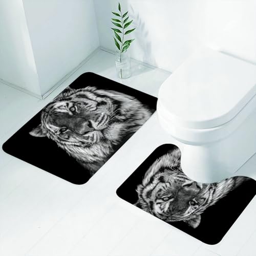FEHWI Badematten Set 2-teilig, Badematten und WC Vorleger rutschfest & Waschbar,Schwarz-weißer Tiger, Schwarz-Weiß-Porträt eines Tigers, graues Tigergesicht,Luxus Dicke Mikrofaser Badezimmerteppich von FEHWI
