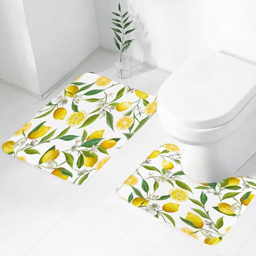 FEHWI Badematten Set 2-teilig, Badematten und WC Vorleger rutschfest & Waschbar,Seamless, Blumen-, Pattern., Zitrone, Früchte, Hintergrund., Blumen, Blätter,Luxus Dicke Mikrofaser Badezimmerteppich von FEHWI