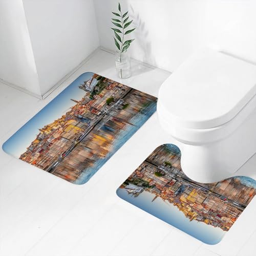FEHWI Badematten Set 2-teilig, Badematten und WC Vorleger rutschfest & Waschbar,Skyline der Altstadt von Porto, Portugal, von der Anderen Seite des Flusses D,Luxus Dicke Mikrofaser Badezimmerteppich von FEHWI
