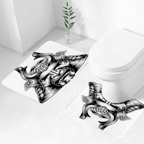 FEHWI Badematten Set 2-teilig, Badematten und WC Vorleger rutschfest & Waschbar,Stilisierter Samurai-Helm in Schwarz-Weiß mit komplexem Design,Luxus Dicke Mikrofaser Badezimmerteppich FEHWI Badematten Set 2-teilig, Badematten und WC Vorleger rutschfest & Waschbar,Stilisierter Samurai-Helm in Schwarz-Weiß mit komplexem Design,Luxus Dicke Mikrofaser Badezimmerteppich von FEHWI