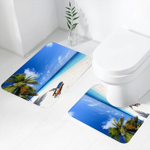 FEHWI Badematten Set 2-teilig, Badematten und WC Vorleger rutschfest & Waschbar,Strandkorb am perfekten tropischen weißen Sandstrand,Luxus Dicke Mikrofaser Badezimmerteppich von FEHWI