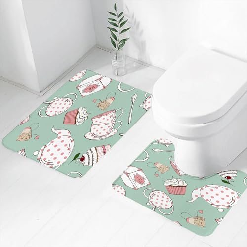 FEHWI Badematten Set 2-teilig, Badematten und WC Vorleger rutschfest & Waschbar,Teeparty-Thema, Teekanne, Tasse und Süßigkeiten mit süßen runden dekorativen,Luxus Dicke Mikrofaser Badezimmerteppich von FEHWI