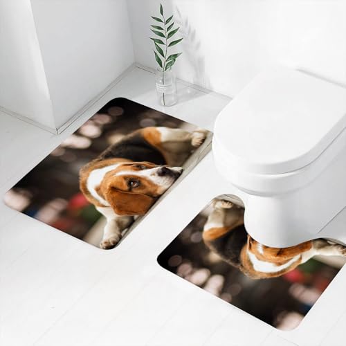 FEHWI Badematten Set 2-teilig, Badematten und WC Vorleger rutschfest & Waschbar,Tier, EIN braun-weißer Welpe, der auf dem Boden liegt, die Augen spiegeln das,Luxus Dicke Mikrofaser Badezimmerteppich von FEHWI