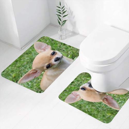 FEHWI Badematten Set 2-teilig, Badematten und WC Vorleger rutschfest & Waschbar,Tier, EIN süßer Chihuahua-Welpe starrt auf den üppigen Rasen,Luxus Dicke Mikrofaser Badezimmerteppich FEHWI Badematten Set 2-teilig, Badematten und WC Vorleger rutschfest & Waschbar,Tier, EIN süßer Chihuahua-Welpe starrt auf den üppigen Rasen,Luxus Dicke Mikrofaser Badezimmerteppich von FEHWI