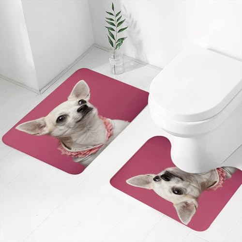 FEHWI Badematten Set 2-teilig, Badematten und WC Vorleger rutschfest & Waschbar,Tier, Nahaufnahme eines Chihuahuas mit rosa Spitzenhemd vor rosa Hintergrund,Luxus Dicke Mikrofaser Badezimmerteppich von FEHWI