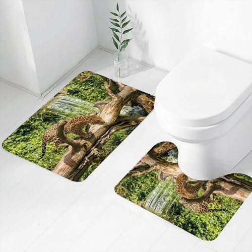 FEHWI Badematten Set 2-teilig, Badematten und WC Vorleger rutschfest & Waschbar,Tier, gefleckter Leopard auf verwitterten Baumstämmen mit Wasserfall und grün,Luxus Dicke Mikrofaser Badezimmerteppich von FEHWI