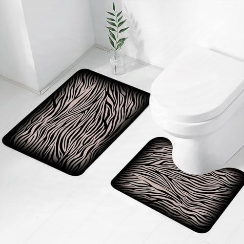 FEHWI Badematten Set 2-teilig, Badematten und WC Vorleger rutschfest & Waschbar,Tier Zebra Schal Muster schwarzer Rahmen,Luxus Dicke Mikrofaser Badezimmerteppich von FEHWI