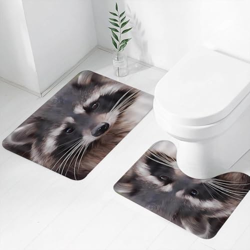FEHWI Badematten Set 2-teilig, Badematten und WC Vorleger rutschfest & Waschbar,Tierporträt eines Waschbären mit auffälligem schwarz-weißem, weichem Fell und,Luxus Dicke Mikrofaser Badezimmerteppich von FEHWI