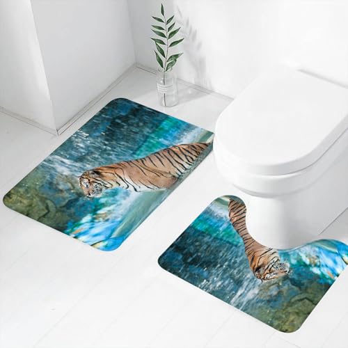 FEHWI Badematten Set 2-teilig, Badematten und WC Vorleger rutschfest & Waschbar,Tiger im Wasserfall, Tiger im Wasserfallspritzer, Tiger im glitzernden Wasser,Luxus Dicke Mikrofaser Badezimmerteppich FEHWI Badematten Set 2-teilig, Badematten und WC Vorleger rutschfest & Waschbar,Tiger im Wasserfall, Tiger im Wasserfallspritzer, Tiger im glitzernden Wasser,Luxus Dicke Mikrofaser Badezimmerteppich von FEHWI