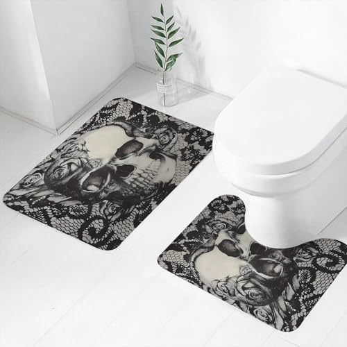 FEHWI Badematten Set 2-teilig, Badematten und WC Vorleger rutschfest & Waschbar,Totenkopf-Design, schwarz-weißer Totenkopf mit komplexen Rosendetails, der Ei,Luxus Dicke Mikrofaser Badezimmerteppich von FEHWI