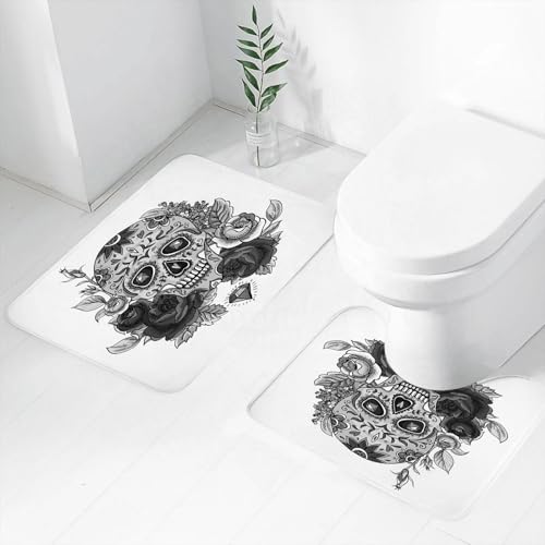 FEHWI Badematten Set 2-teilig, Badematten und WC Vorleger rutschfest & Waschbar,Totenkopf im Black-and-Death-Day-Style, verziert mit Blumen- und Rautenmuster,Luxus Dicke Mikrofaser Badezimmerteppich von FEHWI