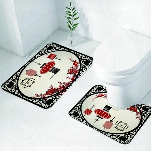 FEHWI Badematten Set 2-teilig, Badematten und WC Vorleger rutschfest & Waschbar,Traditionelles chinesisches Dekor: Rote Laternen und blühende Pflaumen in EIN,Luxus Dicke Mikrofaser Badezimmerteppich FEHWI Badematten Set 2-teilig, Badematten und WC Vorleger rutschfest & Waschbar,Traditionelles chinesisches Dekor: Rote Laternen und blühende Pflaumen in EIN,Luxus Dicke Mikrofaser Badezimmerteppich von FEHWI