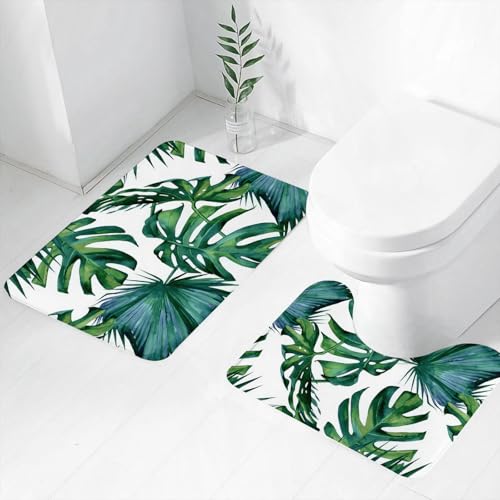 FEHWI Badematten Set 2-teilig, Badematten und WC Vorleger rutschfest & Waschbar,Tropische Blattkunst, Aquarellzeichnung, Sich wiederholendes Design von grüne,Luxus Dicke Mikrofaser Badezimmerteppich von FEHWI