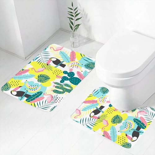 FEHWI Badematten Set 2-teilig, Badematten und WC Vorleger rutschfest & Waschbar,Tropische Vögel, Kakteen und exotische Blätter, lebendige Mischung aus Wildti,Luxus Dicke Mikrofaser Badezimmerteppich von FEHWI
