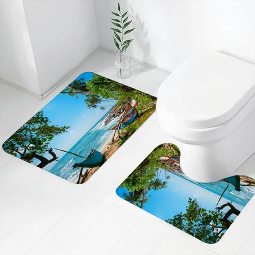 FEHWI Badematten Set 2-teilig, Badematten und WC Vorleger rutschfest & Waschbar,Unberührter tropischer Strand mit Palmen und Fischerbooten in Sri Lanka,Luxus Dicke Mikrofaser Badezimmerteppich FEHWI Badematten Set 2-teilig, Badematten und WC Vorleger rutschfest & Waschbar,Unberührter tropischer Strand mit Palmen und Fischerbooten in Sri Lanka,Luxus Dicke Mikrofaser Badezimmerteppich von FEHWI