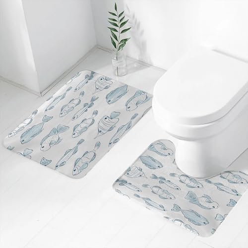 FEHWI Badematten Set 2-teilig, Badematten und WC Vorleger rutschfest & Waschbar,Vektor Nahtlose Muster mit Fischen,Luxus Dicke Mikrofaser Badezimmerteppich von FEHWI