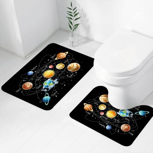 FEHWI Badematten Set 2-teilig, Badematten und WC Vorleger rutschfest & Waschbar,Vektorillustration des Sonnensystems,Luxus Dicke Mikrofaser Badezimmerteppich von FEHWI