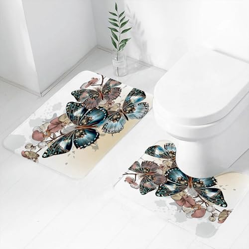 FEHWI Badematten Set 2-teilig, Badematten und WC Vorleger rutschfest & Waschbar,Vektorillustration mit modischen Schmetterlingen und Orchideen,Luxus Dicke Mikrofaser Badezimmerteppich von FEHWI