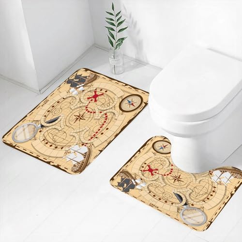 FEHWI Badematten Set 2-teilig, Badematten und WC Vorleger rutschfest & Waschbar,Vintage-Schatzdiagramm, Themenbrettspiel mit nautischen Elementen und Ausgang,Luxus Dicke Mikrofaser Badezimmerteppich von FEHWI