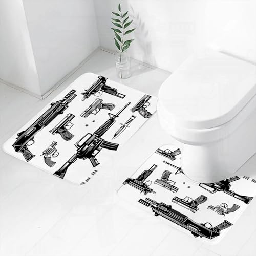 FEHWI Badematten Set 2-teilig, Badematten und WC Vorleger rutschfest & Waschbar,Waffendisplay, Reihe von Pistolen, Gewehren und Klingen, auf weißem Hintergru,Luxus Dicke Mikrofaser Badezimmerteppich von FEHWI