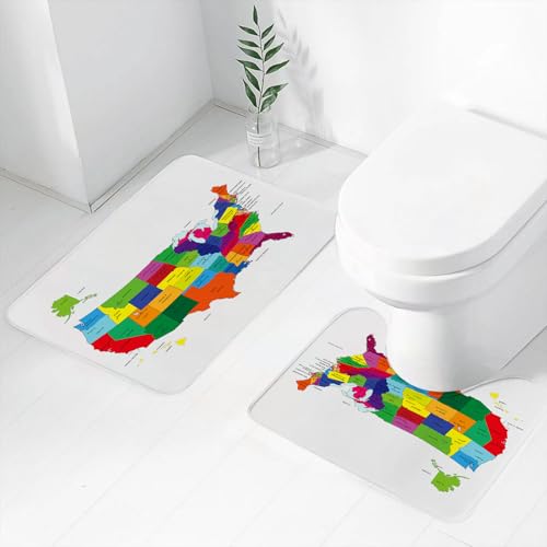 FEHWI Badematten Set 2-teilig, Badematten und WC Vorleger rutschfest & Waschbar,Wanderlust, Bunte USA-Karte mit Staaten und Häusern,Luxus Dicke Mikrofaser Badezimmerteppich von FEHWI